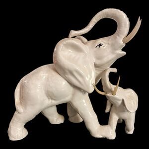 Vintage Ceramic Elephant & Baby Figurine Safari Decor MCM Hollywood Regency 9”